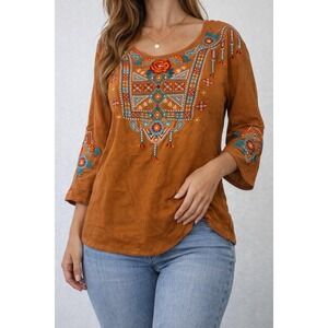 Savanna Jane Women's S Colorful Floral Embroidered Aztec Tunic Top Bell Sleeves